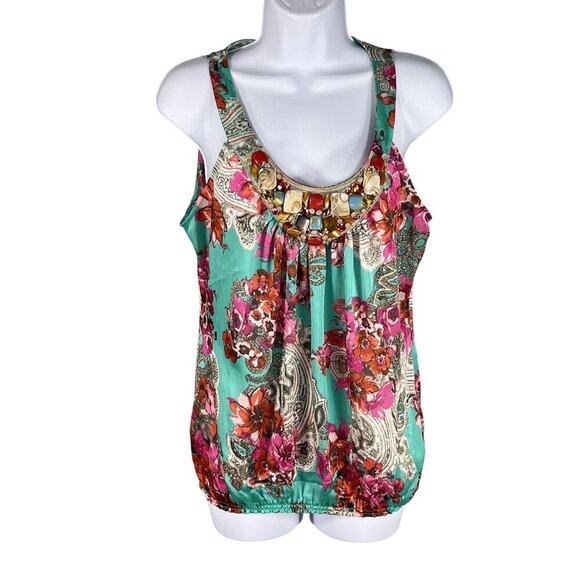 Cache Womens L Floral Sleeveless Cami Tank Chiffon Top Jewel Embellished Fairy - Picture 1 of 12